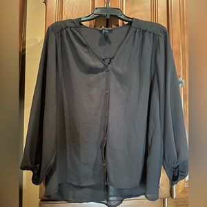H&M black sheet button down blouse with balloon sleeves